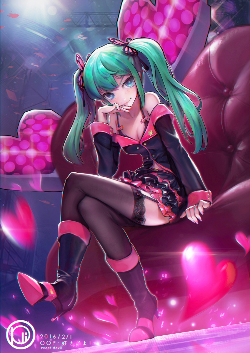 1girl absurdres aqua_eyes boots butterfly_hair_ornament commentary_request copyright_name couch crossed_legs dated duplicate full_body garter_straps green_hair hair_ornament hatsune_miku heart high_heels highres honey_whip_(module) lace lace-trimmed_legwear lace_trim long_hair oop photoshop_(medium) pixel-perfect_duplicate project_diva_(series) sitting skirt smile solo sweet_devil_(vocaloid) thighhighs twintails vocaloid