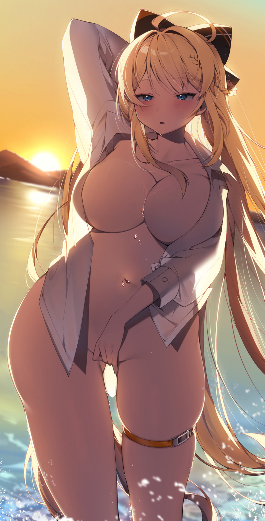1girl absurdres ahoge ass_visible_through_thighs blonde_hair blue_eyes blush breasts collarbone collared_shirt commission covering covering_crotch dress_shirt evening hair_ribbon highres large_breasts long_hair looking_at_viewer mountainous_horizon naked_shirt navel ocean open_mouth original outdoors ribbon sen_light shirt sidelocks solo sunset thigh_strap very_long_hair wading wet white_shirt