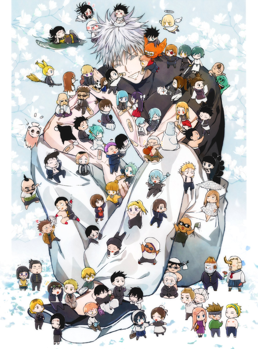 1boy absolutely_everyone absurdres akutami_gege_(avatar) bandaid bandaid_on_arm bandaid_on_cheek bandaid_on_face blue_background border character_request chibi choso_(jujutsu_kaisen) dmsco1803 eso_(jujutsu_kaisen) everyone eyepatch full_body fushiguro_megumi fushiguro_touji fushiguro_tsumiki gakuganji_yoshinobu getou_suguru_(kenjaku) gojou_satoru hakari_kinji highres higuruma_hiromi hoshi_kirara ieiri_shoko ijichi_kiyotaka inumaki_toge iori_utahime ishigori_ryu itadori_jin itadori_yuuji jujutsu_kaisen kashimo_hajime kechizu_(jujutsu_kaisen) kugisaki_nobara mahito_(jujutsu_kaisen) mei_mei_(jujutsu_kaisen) messy_hair miwa_kasumi nishimiya_momo orimoto_rika panda_(jujutsu_kaisen) pants ryoumen_sukuna_(jujutsu_kaisen) shigemo_haruta short_hair smile spoilers teeth toudou_aoi_(jujutsu_kaisen) tsukumo_yuki_(jujutsu_kaisen) ui_ui_(jujutsu_kaisen) uraume_(jujutsu_kaisen) uro_takako white_border white_hair white_pants yaga_masamichi yoshino_junpei zen'in_mai zen'in_maki