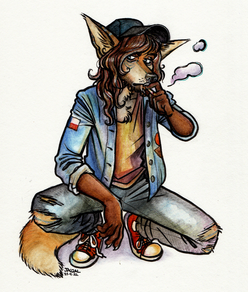 2022 absurd_res anthro beard bottomwear bridge_piercing brown_body brown_fur canid canine chest_tuft cigarette claws clothing converse_shoes crouching curled_hair denim denim_clothing denim_jacket facial_hair facial_piercing fox fur hair hat headgear headwear hi_res jacket jacqal jeans male mammal neck_tuft nose_piercing nose_ring painting_(artwork) pants piercing red_fox ring_piercing septum_piercing septum_ring smoke smoking smoking_cigarette solo texas_flag topwear torn_bottomwear torn_clothing torn_jeans torn_pants traditional_media_(artwork) trucker_hat tuft watercolor_(artwork)