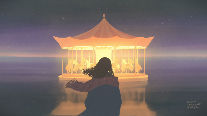 1girl artist_name blue_coat brown_hair carousel coat from_behind highres medium_hair night night_sky nothingblues_yuki original outdoors red_scarf scarf scenery sky solo star_(sky) starry_sky twitter_username