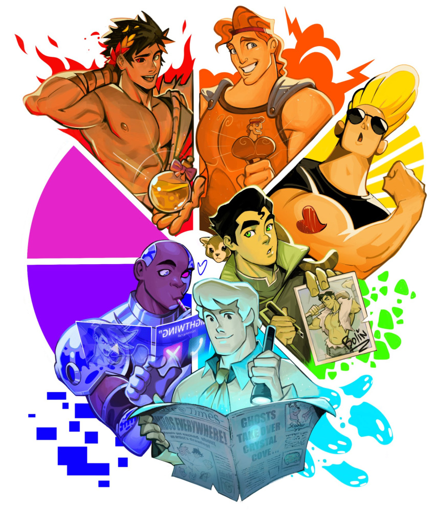 6+boys avatar_legends bare_shoulders black_hair black_sclera blonde_hair blue_eyes bolin brown_hair cartoonized color_coordination color_wheel color_wheel_challenge colored_sclera crossover curtained_hair cyborg cyborg_(dc) dark-skinned_male dark_skin dc_comics fire fire_ferret flashlight fred_jones galo_thymos greek_clothes green_eyes hades_(series) hades_1 hand_tattoo heart heart_tattoo hercules_(1997_film) hercules_(disney) heterochromia highres holding holding_flashlight holding_lantern holding_newspaper holding_pencil holding_photo johnny_bravo johnny_bravo_(series) lantern laurel_crown long_sleeves looking_at_viewer male_focus mismatched_sclera multiple_boys multiple_crossover muscular muscular_male narcissism neckerchief nectar_(hades) newspaper open_mouth orange_hair orange_neckerchief padeliciouss pencil photo_(object) promare reading red_eyes scooby-doo short_hair skull smile sunglasses superhero tattoo teen_titans teen_titans_go! the_legend_of_korra toon_(style) zagreus_(hades)