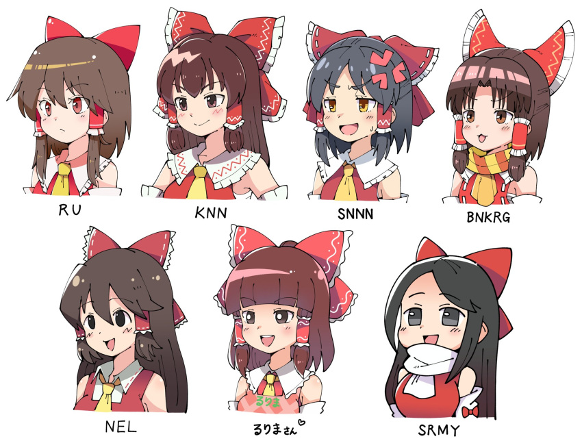 6+girls :3 :d anger_vein apron ascot benikurage_(cookie) black_hair blunt_bangs blush bow breasts bright_pupils brown_eyes brown_hair character_name closed_mouth clothes_writing collared_shirt commentary_request cookie_(touhou) detached_sleeves empty_eyes expressionless frilled_bow frilled_hair_tubes frilled_shirt_collar frills hair_between_eyes hair_bow hair_tubes hakurei_reimu highres kanna_(cookie) large_breasts long_bangs long_hair medium_bangs medium_breasts medium_hair multiple_girls necktie noel_(cookie) open_mouth orange_scarf parted_bangs pink_apron red_bow red_eyes red_shirt reu_(cookie) rurima_(cookie) sananana_(cookie) sarashi scarf shiromiya_rei shirt short_hair sidelocks simple_background sleeveless sleeveless_shirt small_breasts smile sn_(zigzagspark6) striped striped_scarf swept_bangs teeth touhou upper_body upper_teeth_only white_background white_pupils white_scarf white_sleeves yellow_ascot yellow_eyes yellow_necktie yellow_scarf