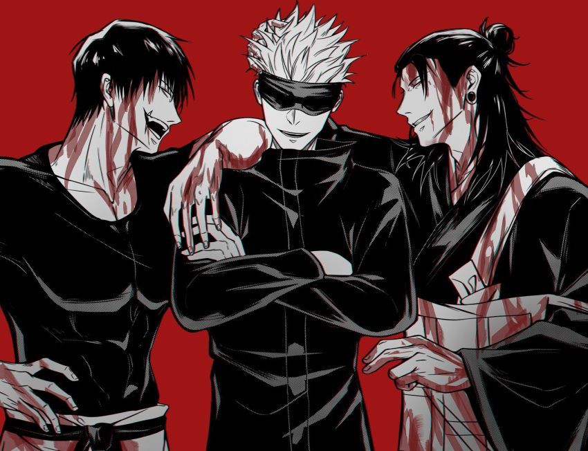 3boys arm_on_another's_shoulder bleeding blindfold blood blood_on_clothes blood_on_face commentary_request crossed_arms evil_smile fushiguro_touji getou_suguru gojou_satoru hair_bun hand_on_another's_head jacket japanese_clothes jujutsu_kaisen kesa kimono long_sleeves looking_back male_focus multiple_boys muscular muscular_male open_mouth pants plug_(piercing) red_background shirt short_hair smile teeth wide_sleeves zhhy3324