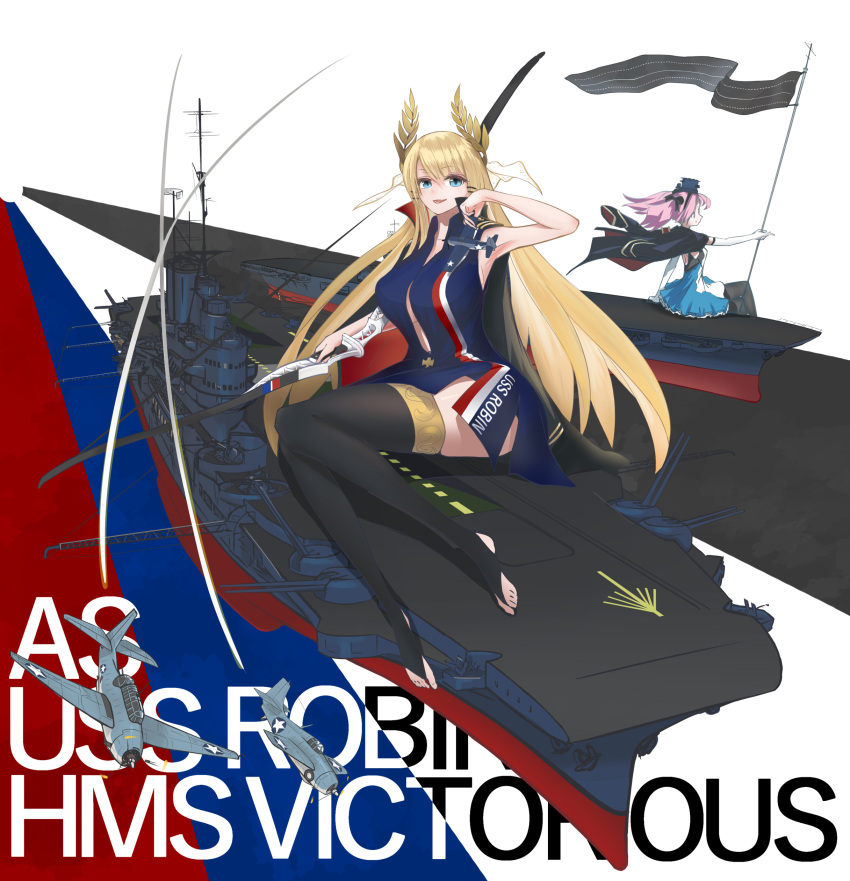 2girls absurdres aircraft aircraft_carrier american_flag azur_lane blonde_hair bow_(weapon) character_name coat coat_on_shoulders commentary full_body highres laurel_crown military_vehicle multiple_girls ryosuke1225 saratoga_(azur_lane) ship thighhighs toeless_legwear victorious_(azur_lane) warship watercraft weapon