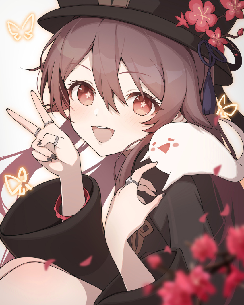 1girl black_headwear black_nails blush boo_tao_(genshin_impact) brown_hair bug butterfly chinese_clothes coattails collared_coat flower flower-shaped_pupils genshin_impact ghost hair_between_eyes hat hat_flower hat_tassel highres hu_tao_(genshin_impact) jewelry kinokare long_hair long_sleeves looking_at_viewer multiple_rings open_mouth plum_blossoms porkpie_hat red_eyes ring smile symbol-shaped_pupils tailcoat thumb_ring twintails wide_sleeves