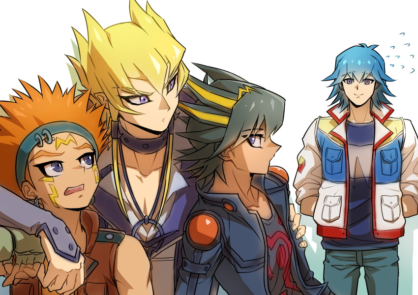 4boys arm_around_shoulder arms_behind_back black_hair black_shirt blonde_hair blue_eyes blue_hair blue_headband blue_jacket blue_shirt brown_jacket bruno_(yu-gi-oh!) coat collared_shirt confused crow_hogan dangle_earrings earrings facial_mark facial_tattoo fingerless_gloves flying_sweatdrops forehead_mark fudou_yuusei glaring gloves green_gloves hand_on_another's_arm headband highres jack_atlas jacket jewelry long_coat looking_to_the_side male_focus marking_on_cheek multicolored_hair multiple_boys necklace nervous nervous_smile nervous_sweating open_mouth orange_hair pants purple_eyes raised_eyebrows shirt short_hair short_hair_with_long_locks shoulder_pads simple_background sleeveless sleeveless_jacket sleeves_rolled_up smile spiked_hair standing streaked_hair sweat t-shirt tattoo white_background white_coat white_shirt youko-shima yu-gi-oh! yu-gi-oh!_5d's