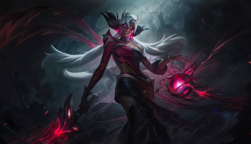 1girl absurdres animal ball bare_tree bird black_dress black_gloves coven_nilah crow dark-skinned_female dark_skin dress from_below gloves grin highres holding holding_sword holding_weapon league_of_legends long_hair looking_at_viewer magic nilah_(league_of_legends) official_art pink_dress pink_eyes single_bare_shoulder smile solo sword teeth tree twintails weapon white_hair