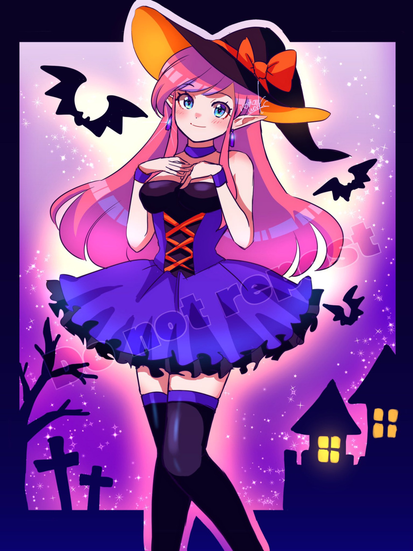 1girl bare_arms bare_shoulders bat_(animal) black_headwear black_thighhighs blue_eyes bow breasts choker closed_mouth commentary cowboy_shot cross cross-laced_clothes cross-laced_dress dot_nose dress earrings elf english_commentary feet_out_of_frame floating_hair frilled_dress frills glowing halloween_costume hand_on_own_chest hat hat_bow highres house jewelry latin_cross link_(shounen_captain) long_bangs long_hair looking_at_viewer medium_breasts night night_sky nonoworks parted_bangs pink_hair pointy_ears purple_choker purple_theme purple_wristband red_bow short_dress signature sky sleeveless sleeveless_dress smile solo sparkle star_(sky) starry_sky the_legend_of_zelda the_legend_of_zelda_(nes) thighhighs tree very_long_hair watermark zettai_ryouiki