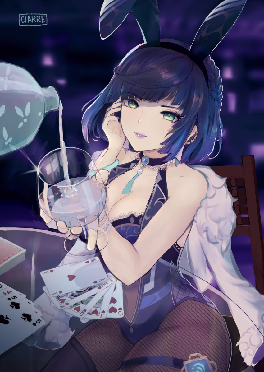 1girl absurdres adapted_costume animal_ears bare_shoulders black_pantyhose blue_hair braid breasts card ciarre cleavage commentary_request cup cupping_glass fake_animal_ears genshin_impact green_eyes highres holding holding_cup large_breasts leotard looking_at_viewer pantyhose purple_lips rabbit_ears short_hair solo thigh_strap yelan_(genshin_impact)