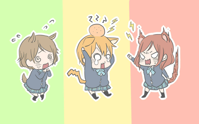 3girls :3 @_@ angry animal_ears black_socks blazer blue_jacket blush bow bowtie brown_hair cat_ears cat_girl cat_tail chibi collared_shirt commentary_request crying head_bump horse_ears horse_girl horse_tail hoshizora_rin jacket kashikaze kemonomimi_mode kneehighs koizumi_hanayo lion_ears lion_girl long_sleeves love_live! love_live!_school_idol_project medium_hair multiple_girls nishikino_maki open_mouth orange_hair otonokizaka_school_uniform plaid plaid_skirt pleated_skirt red_hair school_uniform shirt short_hair sidelocks skirt socks striped striped_bow striped_bowtie sweatdrop tail wavy_mouth white_shirt