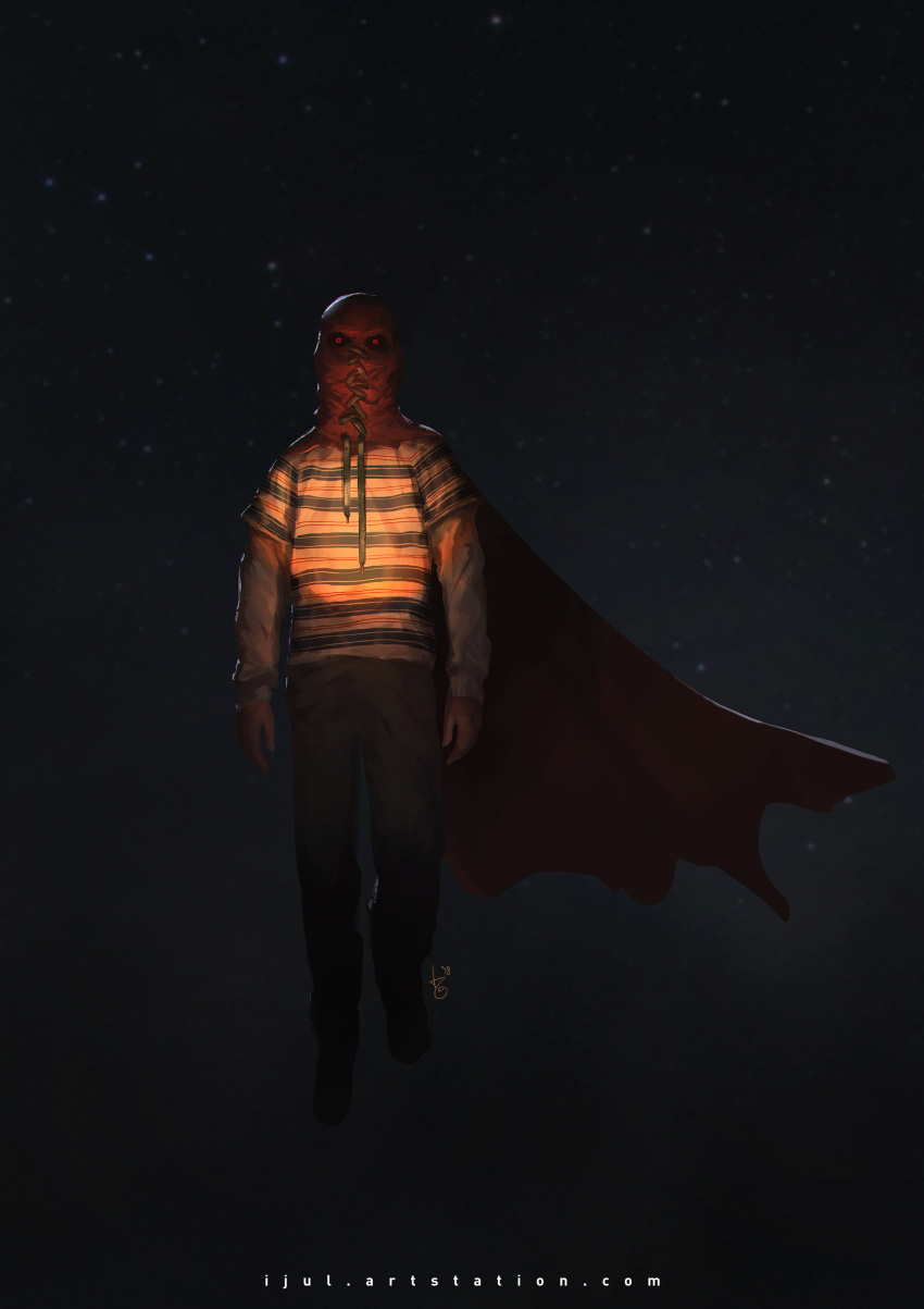 1boy absurdres artstation_username brightburn brightburn_(character) cape dress flying full_body glowing glowing_eyes highres lace looking_at_viewer looking_down male_focus mask night night_sky pinafore_dress red_cape red_eyes red_mask shirt signature sky sleeveless sleeveless_dress solo star_(sky) starry_sky striped striped_shirt supervillian web_address zulkarnaen_hasan_basri