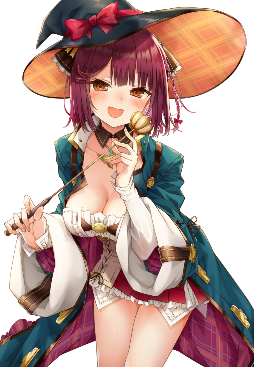 1girl :d alt_(ctrldel) atelier_(series) atelier_sophie atelier_sophie_2 blue_coat blush braid breasts cleavage coat commentary_request detached_collar dolphin_pendant dress fang hair_over_one_eye halloween_costume hands_up happy hat hat_ribbon head_scarf highres holding holding_wand leaning_forward legs_together long_sleeves looking_at_viewer medium_breasts medium_hair open_clothes open_coat orange_eyes red_hair red_ribbon ribbon single_braid smile solo sophie_neuenmuller wand wide_sleeves witch_hat