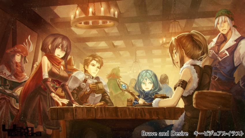 3boys 3girls armlet armor bandana beer_mug blue_eyes brave_and_desire breasts brown_gloves brown_hair cape copyright_name cup fantasy garutaisa gloves green_headwear hat indoors key_visual light_brown_hair medium_breasts mug multiple_boys multiple_girls official_art promotional_art red_cape red_headwear staff standing table tavern watermark white_hair