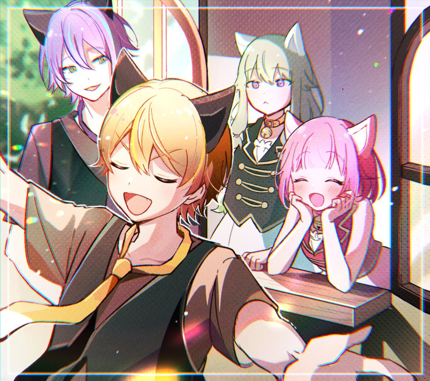 2boys 2girls aa_subarashiki_nyansei_(vocaloid) animal_ears aqua_hair bell black_vest blonde_hair blunt_bangs blush bob_cut brown_shirt closed_eyes closed_mouth collar commentary extra_ears fang green_hair hair_between_eyes hands_on_own_face highres kamishiro_rui kusanagi_nene lapels long_hair looking_at_another momomo_(m0_3) multicolored_hair multiple_boys multiple_girls neck_bell necktie ootori_emu open_mouth open_window outstretched_arms pink_hair project_sekai purple_eyes purple_hair shirt short_hair sideways_glance sleeveless streaked_hair tenma_tsukasa upper_body vest window wonderlands_x_showtime_(project_sekai) yellow_eyes yellow_necktie
