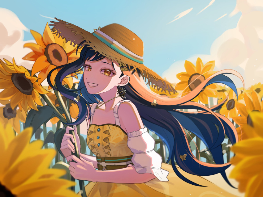 1girl black_hair butterfly_hair_ornament buttons cloud commentary detached_sleeves earrings english_commentary field flower flower_field hair_ornament hat highres holding holding_flower jewelry leaf long_hair looking_at_viewer necklace official_alternate_costume orange_eyes outdoors project_sekai shiraishi_an smile solo sun_hat sunflower sunflower_earring sunflower_field teeth the_vivid_old_tale_(project_sekai) upper_body yk62