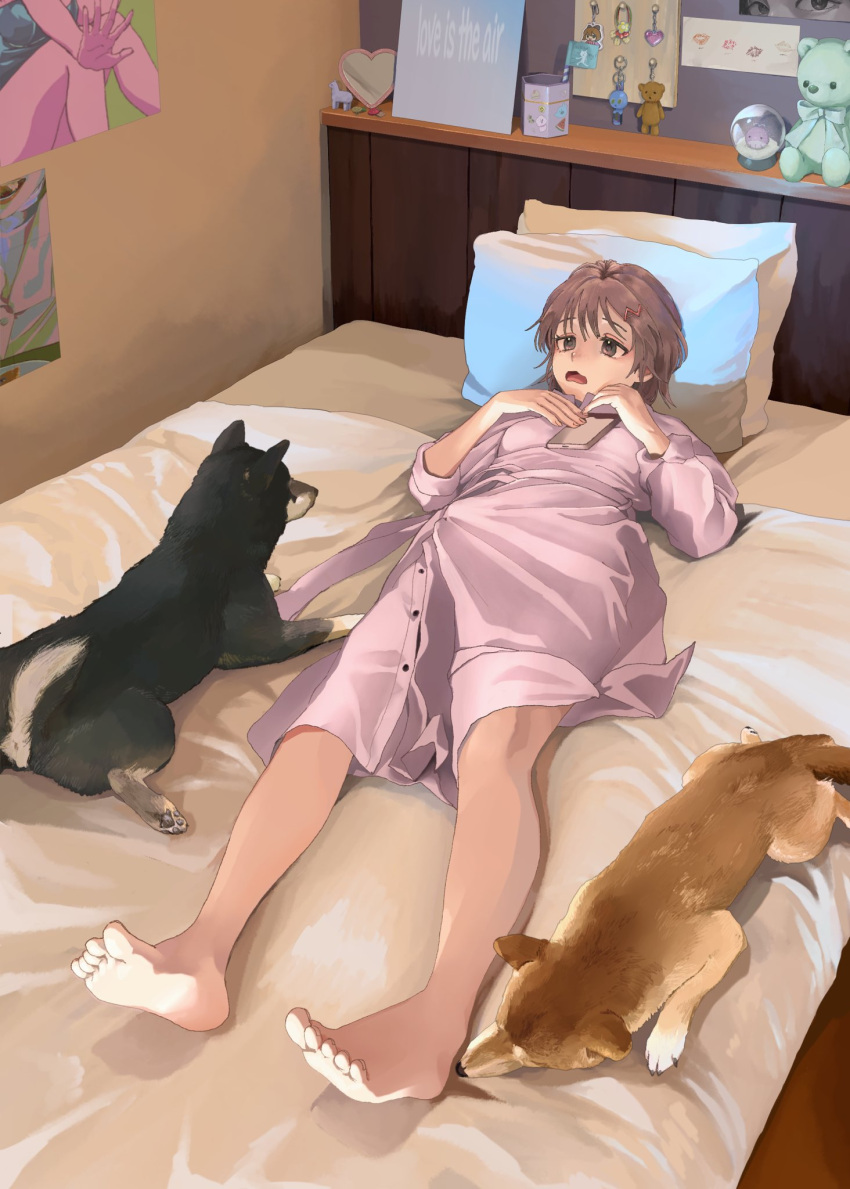 1girl barefoot bed bed_sheet bedroom breasts brown_eyes brown_hair cellphone dog dress english_text eyelashes feet full_body hair_ornament hands_up highres indoors legs long_sleeves looking_at_another lying medium_hair mmmo3 on_back open_mouth original phone pillow pink_dress smartphone soles solo stuffed_animal stuffed_toy teddy_bear toenails toes wavy_mouth
