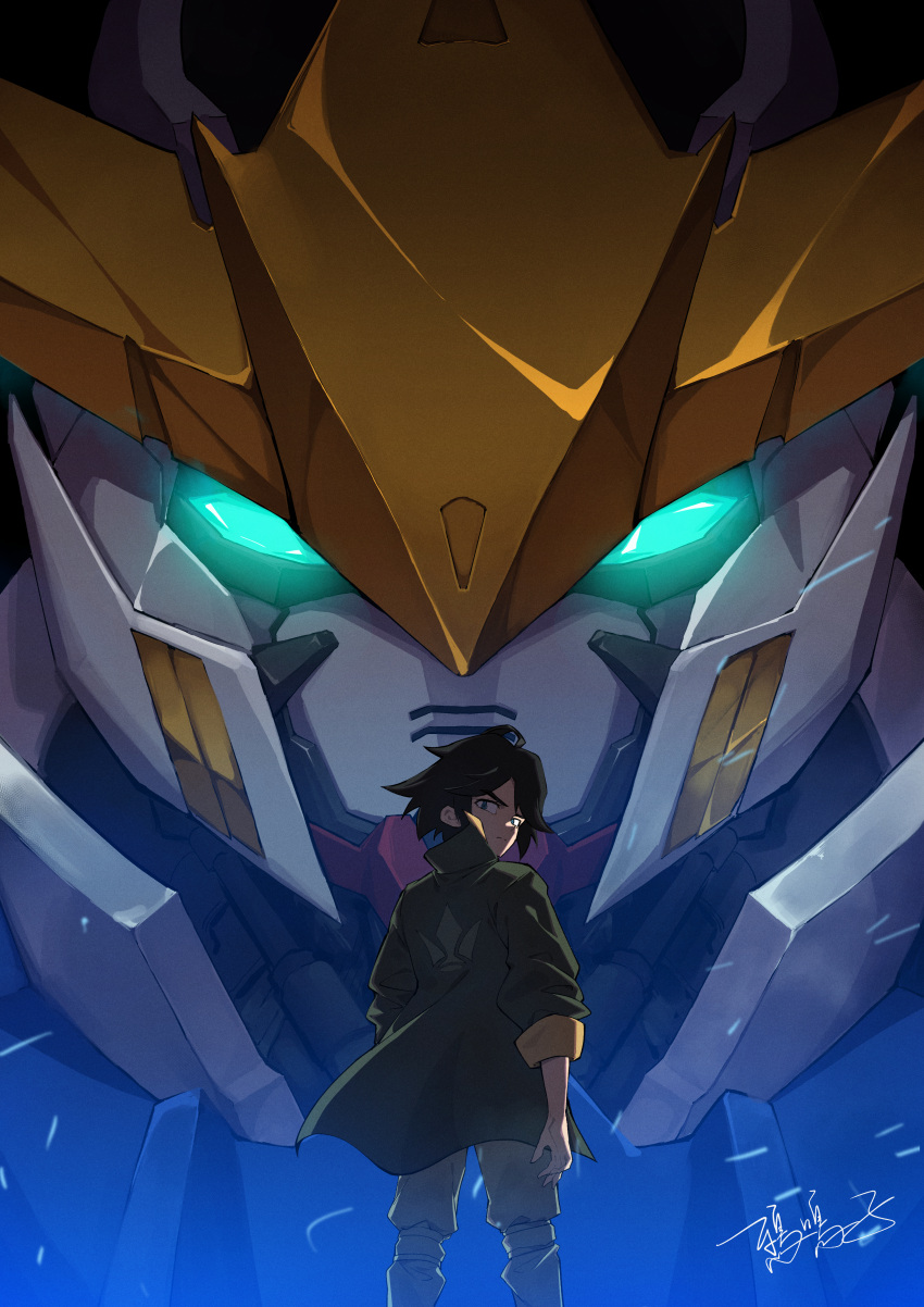 1boy absurdres ahoge arms_at_sides black_hair blue_eyes brown_pants closed_mouth glowing glowing_eyes green_jacket gundam gundam_barbatos gundam_tekketsu_no_orphans highres jacket looking_at_viewer looking_back mecha mikazuki_augus mobile_suit morinosuke pants robot science_fiction short_hair signature sleeves_pushed_up standing