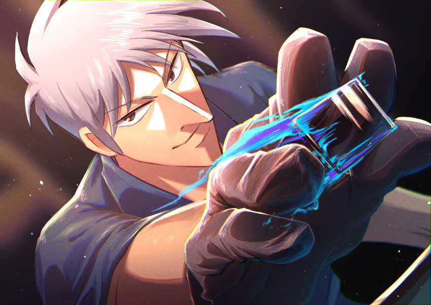 1boy absurdres akagi:_yami_ni_oritatta_tensai akagi_shigeru black_gloves blue_fire brown_eyes closed_mouth commentary_request dutch_angle fire fukumoto_nobuyuki_(style) gloves grey_hair grey_shirt highres holding_mahjong_tile light_particles looking_at_viewer mahjong mahjong_tile male_focus medium_bangs official_style parody pointy_nose shirt short_hair short_sleeves smile solo style_parody tachihiro1000 upper_body