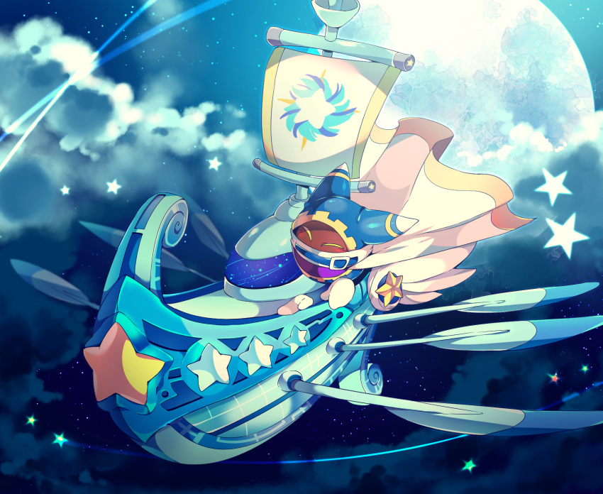 ^_^ animal_ears belt belt_buckle belt_collar blue_belt blue_hood boat buckle cape cape_lift closed_eyes cloud collar commentary_request covered_mouth disembodied_limb flying full_moon gear_print gloves highres kirby_(series) light_blush lor_starcutter magolor mast moon no_humans oar sailboat scarf shirushiki sky spacecraft star_(sky) star_(symbol) starry_sky watercraft white_cape white_gloves white_scarf