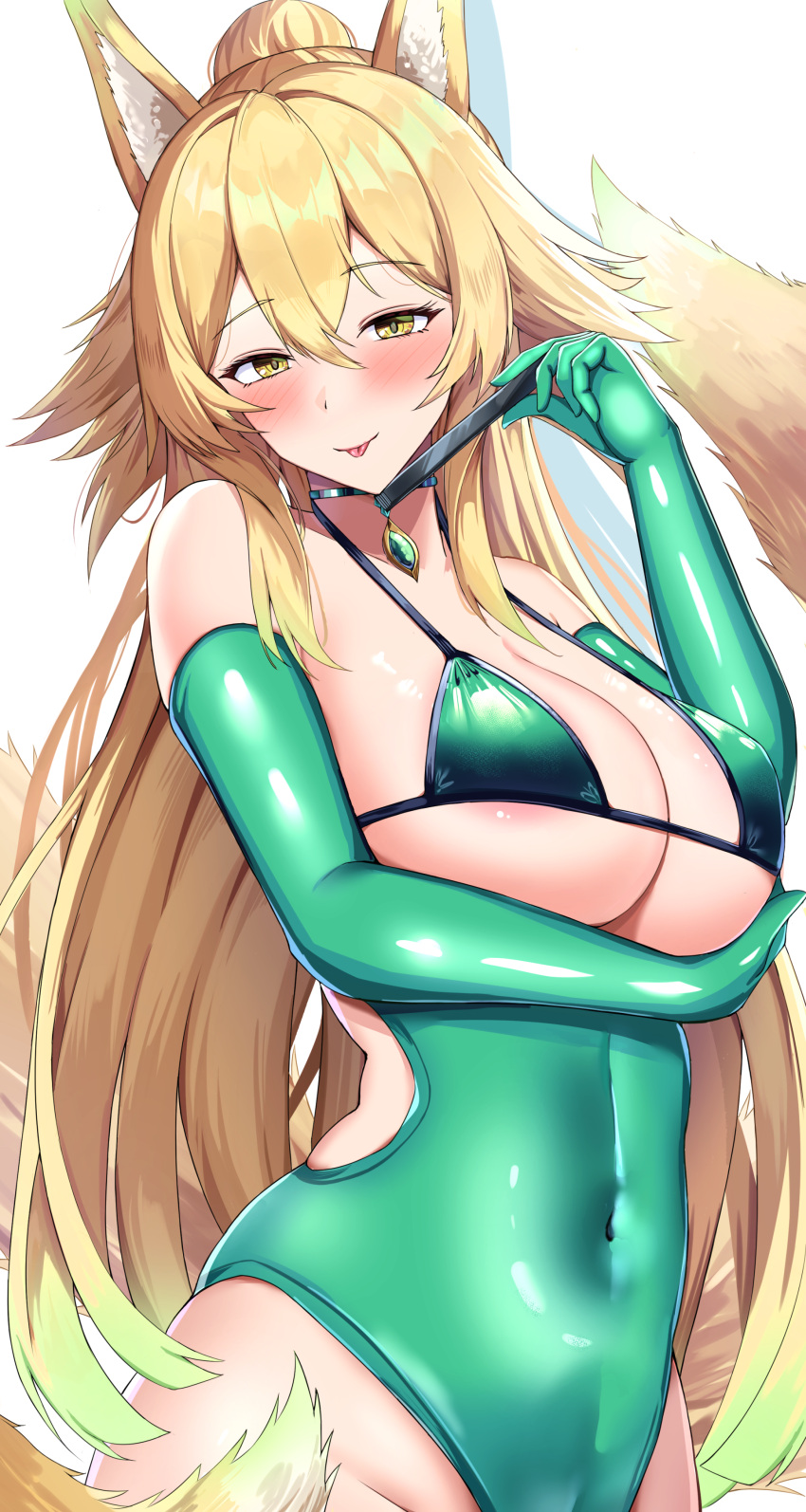 1girl absurdres animal_ears arm_under_breasts bare_shoulders bikini bikini_top_only blonde_hair blush borrowed_character breasts choker cleavage commentary_request commission covered_navel elbow_gloves fox_ears fox_girl gloves green_leotard hair_between_eyes hand_fan highleg highleg_leotard highres holding holding_fan large_breasts leotard long_hair looking_at_viewer mitty7 original sidelocks simple_background skeb_commission solo strapless strapless_leotard suirin_(tukikagerou) swimsuit tongue tongue_out white_background