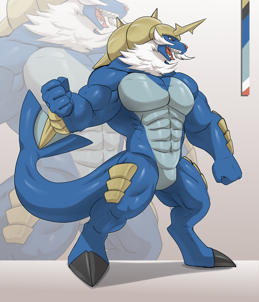 abs anthro armor biceps big_biceps biped blue_body blue_skin eurasian_otter facial_hair featureless_crotch fin fist flippers fur generation_5_pokemon giant_otter hair hi_res horn hybrid lutra male mammal marine muscular muscular_anthro muscular_legs muscular_male muscular_thighs mustache mustelid neck_tuft nintendo open_mouth otter palette pecs pinniped plate_armor pokemon pokemon_(species) pokemorph red_nose river_otter samurott sea_lion serratus solo spikes tail tongue tuft valentinesartx war_fan whiskers white_body white_fur white_hair