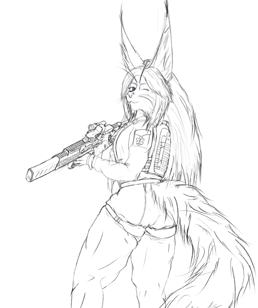 anthro butt felid feline female gun hair hi_res kriss_vector long_hair long_tail lynx mammal mercier military pequod_vl ranged_weapon solo submachine_gun tactical tail weapon