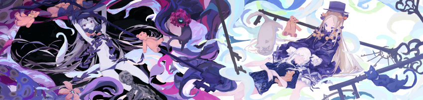 3girls abigail_williams_(fate) abigail_williams_(third_ascension)_(fate) armpits arms_up bare_shoulders black_bow black_dress black_headwear black_panties blonde_hair bloomers blue_eyes blush bow breasts cat colored_skin dress fate/grand_order fate_(series) forehead grin hair_bow hat highres horns key keyhole lavinia_whateley_(fate) long_hair long_sleeves looking_at_viewer lousun lying multiple_girls navel on_back orange_bow panties parted_bangs purple_eyes red_eyes ribbed_dress single_horn skeleton sleeves_past_fingers sleeves_past_wrists small_breasts smile staff stuffed_animal stuffed_toy teddy_bear third_eye underwear white_bloomers white_hair white_skin wide-eyed wide_image witch_hat