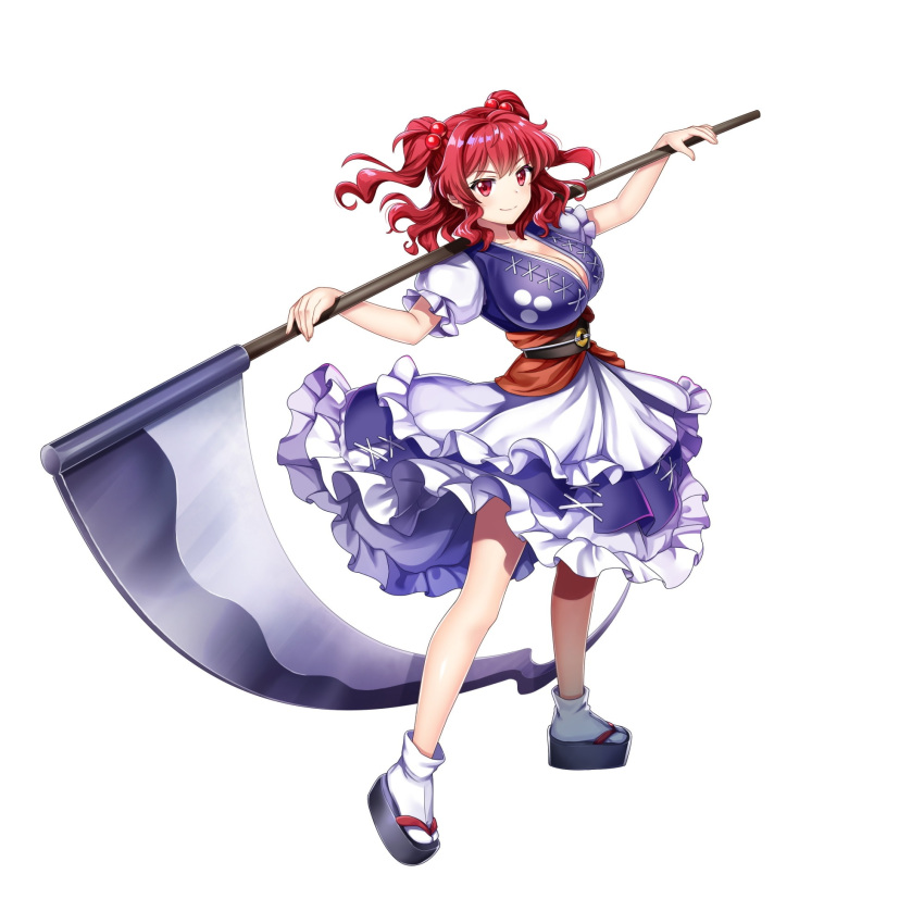 1girl black_footwear blue_dress breasts cleavage coin dress full_body game_cg hair_bobbles hair_ornament highres holding holding_scythe large_breasts looking_at_viewer obi onozuka_komachi red_eyes red_hair rotte_(1109) sash scythe short_sleeves simple_background socks solo third-party_source touhou touhou_lost_word two_side_up white_background white_socks