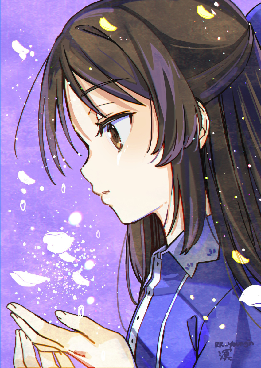 1girl absurdres black_hair blue_bow blue_dress bow brown_eyes close-up collared_dress dress expressionless from_side hair_bow half_updo highres idolmaster idolmaster_cinderella_girls idolmaster_cinderella_girls_u149 jin_young-in light_particles long_hair parted_lips petals profile purple_background sketch solo tachibana_arisu