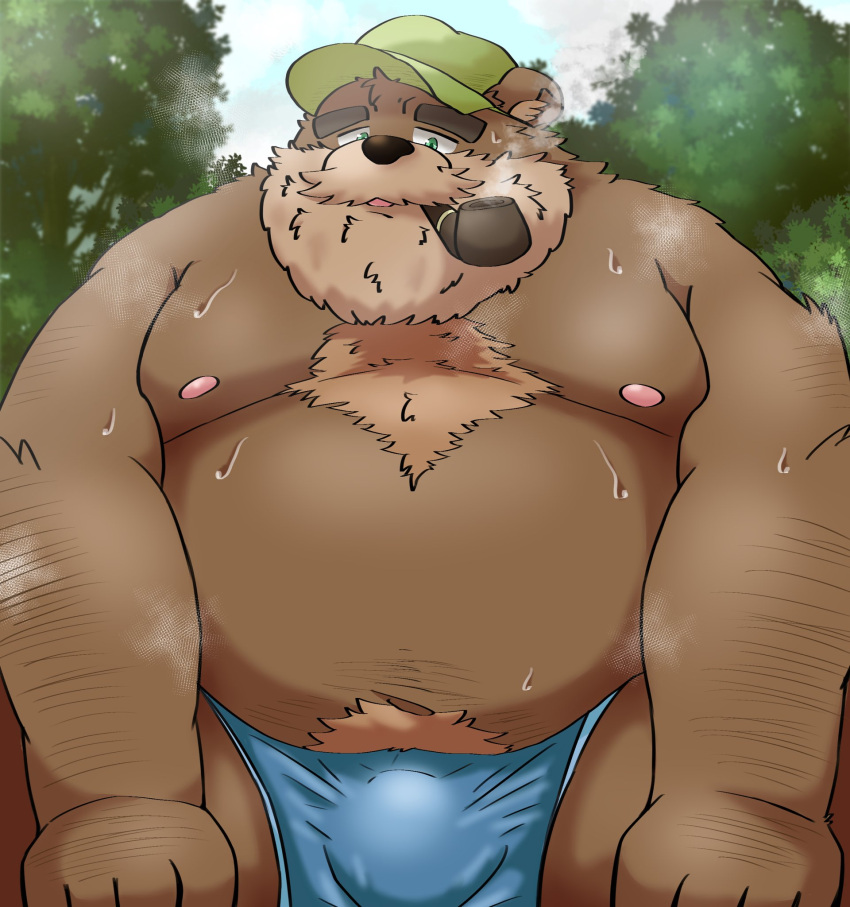 2023 anthro bear beard belly big_belly bodily_fluids brown_body bulge clothing facial_hair hat headgear headwear hi_res kemono male mammal mature_male moobs musk nipples overweight overweight_male smoking solo sweat underwear yanununununu