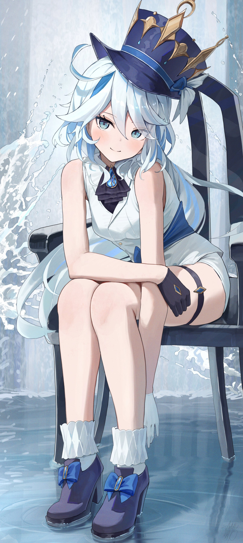 1girl absurdres ascot asymmetrical_gloves black_ascot black_footwear black_gloves blue_eyes blue_gemstone blue_hair blue_headwear blush breasts chair cowlick drop-shaped_pupils full_body furina_(genshin_impact) gem genshin_impact gloves hat hidulume highres light_blue_hair long_hair looking_at_viewer mismatched_gloves mismatched_pupils shorts sitting small_breasts smile solo top_hat very_long_hair water white_gloves white_shorts