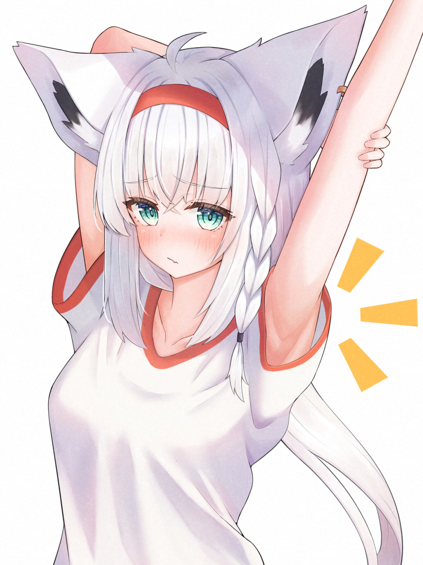 1girl absurdres akaboshi_natsume alternate_costume animal_ear_fluff animal_ear_piercing animal_ears arm_up armpit_peek armpits blue_eyes blush braid commentary_request cross-body_stretch embarrassed fang fang_out fox_ears gym_shirt gym_uniform hairband highres hololive long_hair looking_at_viewer low_ponytail notice_lines presenting_armpit red_hairband shirakami_fubuki shirt short_sleeves side_braid single_bare_shoulder skin_fang solo t-shirt virtual_youtuber white_background white_hair white_shirt