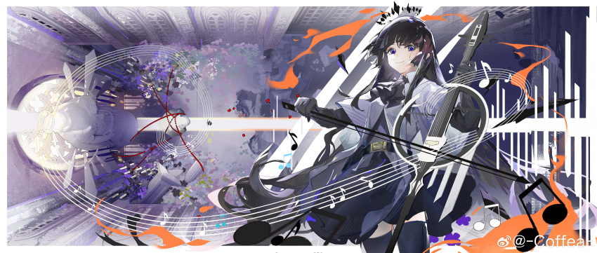 1girl absurdly_long_hair absurdres architecture arknights artist_name ascot belt belt_buckle black_ascot black_belt black_gloves black_hair black_halo black_skirt black_sleeves black_thighhighs black_wings blue_eyes blunt_bangs border bow_(music) broken_halo buckle candle cello church closed_mouth coffea_(weibo_7482716472) collared_jacket commentary_request cowboy_shot dark_halo detached_wings dress_shirt energy_wings flower german_commentary gloves glowing grey_shirt halo hands_up highres hime_cut holding holding_bow_(music) holding_instrument holding_violin indoors instrument jacket light_smile long_hair looking_at_viewer miniskirt music musical_note playing shirt sidelocks skirt solo staff_(music) standing statue sunlight thighhighs very_long_hair violin virtuosa_(arknights) watermark weibo_logo weibo_username white_belt white_border white_jacket window wings zettai_ryouiki
