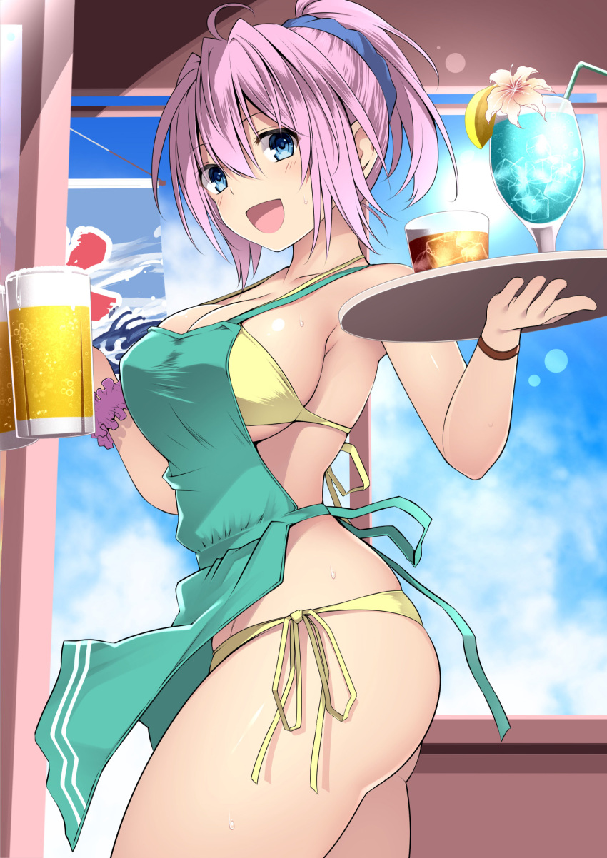 1girl :d ahoge alcohol aoba_(kancolle) apron ass bare_shoulders beer beer_mug bikini blue_sky blush breasts cleavage commentary_request cowboy_shot cup day drink drinking_glass drinking_straw flower green_apron hair_between_eyes hair_ornament hair_scrunchie halterneck highres holding holding_tray ice ice_cube kantai_collection kuromayu large_breasts lens_flare looking_at_viewer mug nearly_naked_apron open_mouth pink_flower pink_hair ribbon scrunchie short_hair short_ponytail side-tie_bikini_bottom sky smile solo string_bikini swimsuit thighs tray waitress wrist_scrunchie wristband yellow_bikini yellow_ribbon