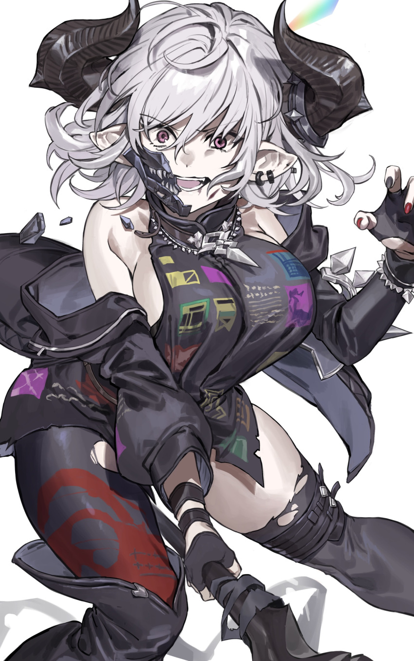 1girl absurdres armpit_crease bare_shoulders black_gloves black_jacket black_pantyhose black_shirt black_thighhighs breasts broken_mask bruise bruise_on_face claw_pose fingerless_gloves gloves granblue_fantasy grey_hair hair_between_eyes hashibiro_kou_(garapiko_p) highres holding holding_weapon horns injury jacket jewelry large_breasts looking_at_viewer mask medium_hair mouth_mask multicolored_nails necklace off_shoulder open_mouth pantyhose piercing pink_eyes pointy_ears shirt sidelocks single_leg_pantyhose single_thighhigh sleeveless sleeveless_shirt solo thighhighs torn_clothes torn_pantyhose torn_thighhighs tristette_(granblue_fantasy) weapon white_background