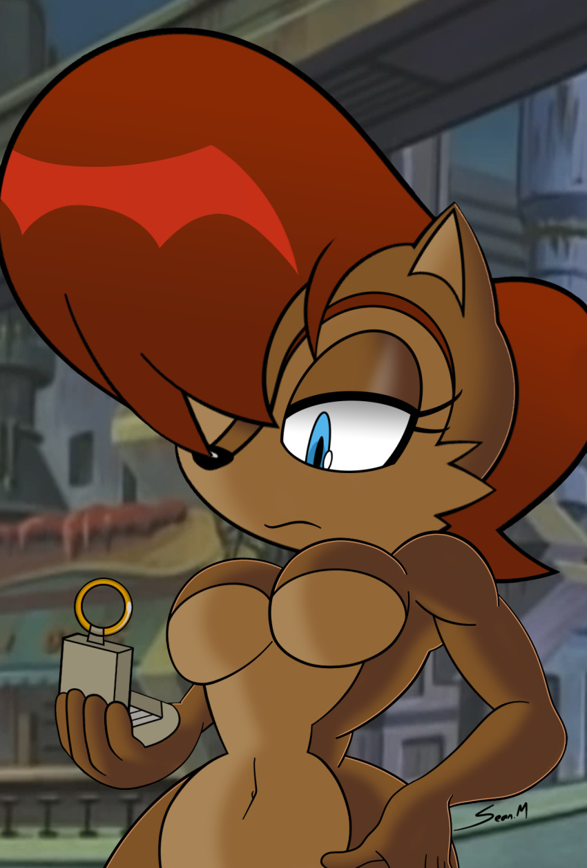 anthro archie_comics athletic athletic_anthro athletic_female big_breasts blue_eyes breasts casual_nudity chipmunk computer curvy_figure female ground_squirrel hair hand_on_hip hi_res holding_object hourglass_figure mammal mobian_monster navel nicole_the_lynx nude power_ring red_hair rodent sally_acorn sciurid sega solo sonic_the_hedgehog_(archie) sonic_the_hedgehog_(comics) sonic_the_hedgehog_(series) wide_hips