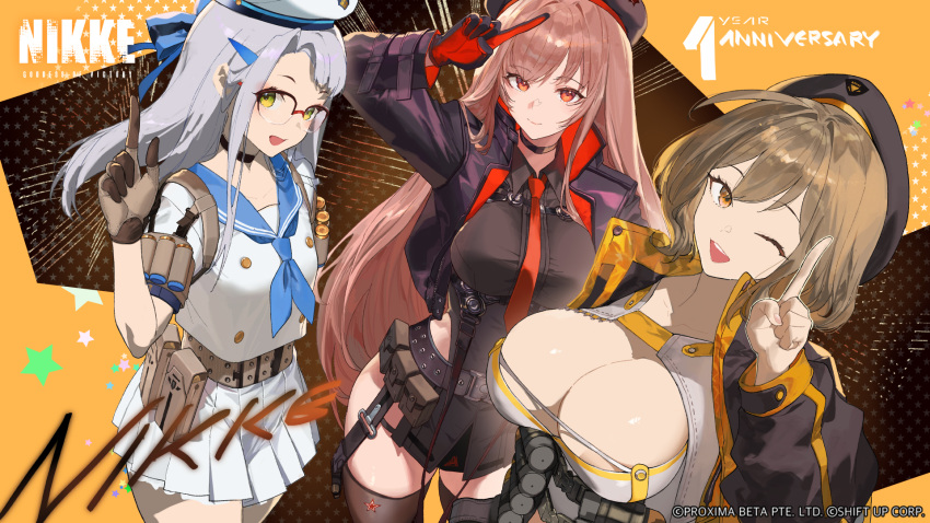 3girls ahoge ammunition_belt anis_(nikke) arm_pouch bandolier belt_pouch beret black_choker black_gloves black_headwear black_jacket black_leotard black_shirt black_thighhighs breasts brown_eyes brown_hair choker cleavage collared_leotard collared_shirt counters_(nikke) cropped_jacket glasses gloves goddess_of_victory:_nikke green_eyes grey_shirt hair_ornament hat highres huge_breasts jacket large_breasts leotard light_brown_hair long_hair looking_at_viewer medium_breasts multiple_girls necktie neon_(nikke) open_mouth pleated_skirt pouch rapi_(nikke) red_gloves red_necktie sailor salmon88 shirt short_hair skirt smile tactical_clothes thighhighs thighs two-tone_gloves white_hair white_headwear