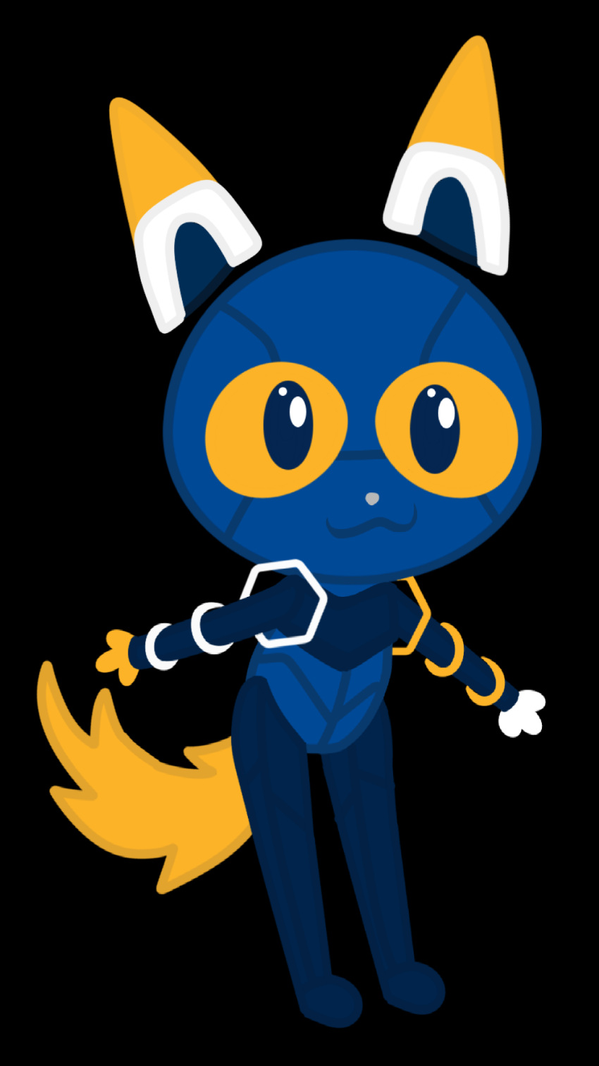 :3 ambiguous_gender android black_background blue_body domestic_cat e621 esix felid feline felis gooblie_2 hi_res looking_at_viewer machine mammal mascot robot simple_background smile solo tail yellow_eyes