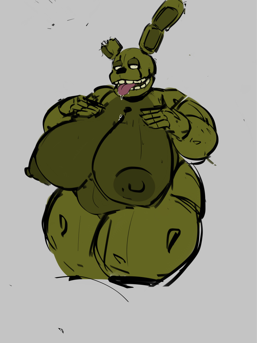absurd_res animatronic anthro big_breasts bodily_fluids breasts butt crossgender digital_media_(artwork) female five_nights_at_freddy's five_nights_at_freddy's_3 fur glowing hi_res lagomorph leporid machine mammal nipples nude overweight overweight_anthro overweight_female rabbit robot saliva scottgames simple_background solo springtrap_(fnaf) tongue trailmixtrail yellow_body yellow_fur