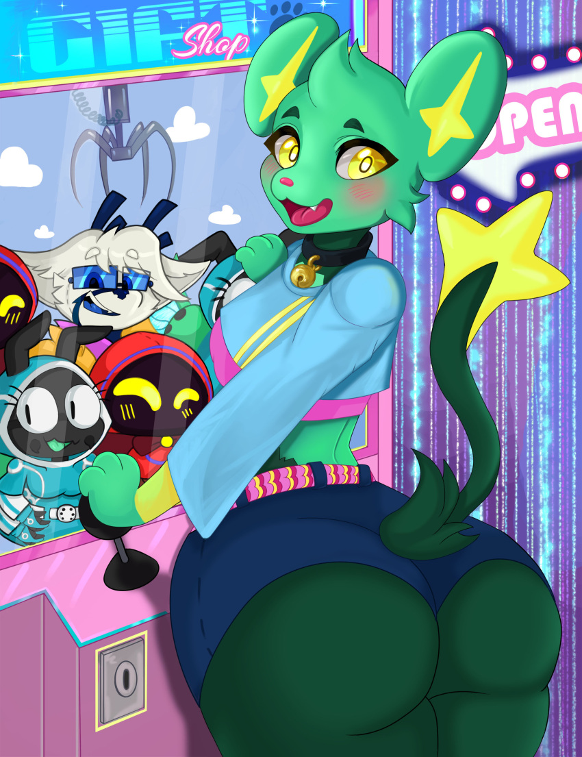 2023 3_fingers absurd_res anthro arm_markings bell bell_collar big_butt black_collar blue_bottomwear blue_clothing blue_shirt blue_shorts blue_topwear blush bottom_heavy bottomwear butt clothing collar crane_game crop_top cute_fangs english_text felid feline fingers fur generation_4_pokemon girly green_body green_fur green_hair hair hi_res hummerhere inside leo_the_magician looking_at_viewer looking_back male mammal markings midriff nintendo open_mouth phoebe_(felino) pink_belt pink_clothing pink_nose pink_shirt pink_topwear plushie pokemon pokemon_(species) pupils rear_view shinx shinx_(strikerman) shirt shorts smile solo spot_(skweekers) text thick_thighs topwear wide_hips wrist_markings yellow_body yellow_eyes yellow_fur yellow_inner_ear yellow_pupils