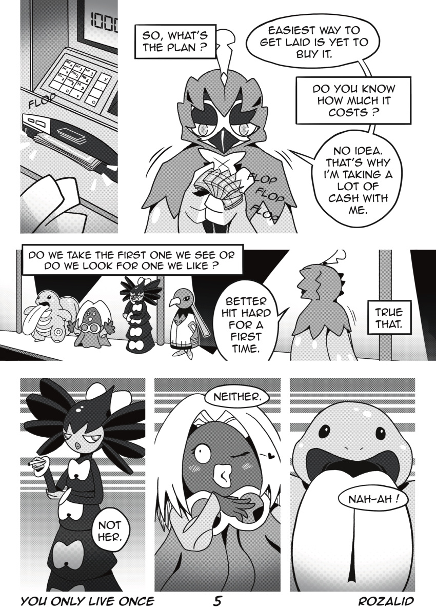 absurd_res anthro avian bird comic decidueye dialogue doujinshi english_text female feral generation_1_pokemon generation_2_pokemon generation_5_pokemon generation_7_pokemon gothitelle hi_res jynx lickitung louis_(decidueye) male manga money nintendo owl pokemon pokemon_(species) prostitution rozalid seductive speech_bubble street text thought_bubble xatu you_only_live_once