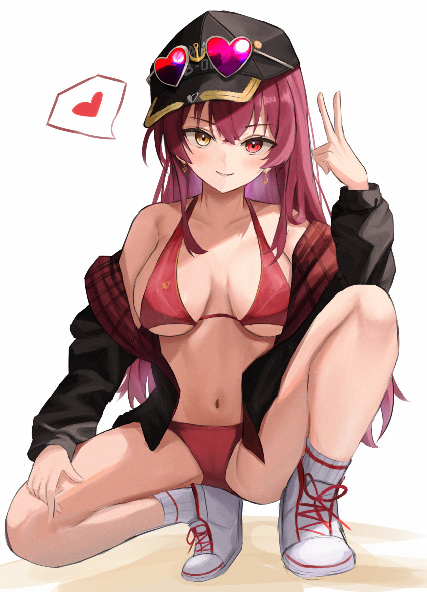 1girl absurdres bikini black_headwear black_jacket blush breasts closed_mouth commentary earrings eyewear_on_head gold_earrings halterneck hat heart heart-shaped_eyewear heart_earrings heterochromia highres hoangryu hololive houshou_marine houshou_marine_(summer) jacket jewelry large_breasts long_hair long_sleeves looking_at_viewer off_shoulder official_alternate_costume open_clothes open_jacket red_bikini red_eyes red_hair red_jacket shoes simple_background sitting smile socks solo split spoken_heart spread_legs swimsuit two-sided_fabric two-sided_jacket v virtual_youtuber white_background white_footwear white_socks yellow_eyes