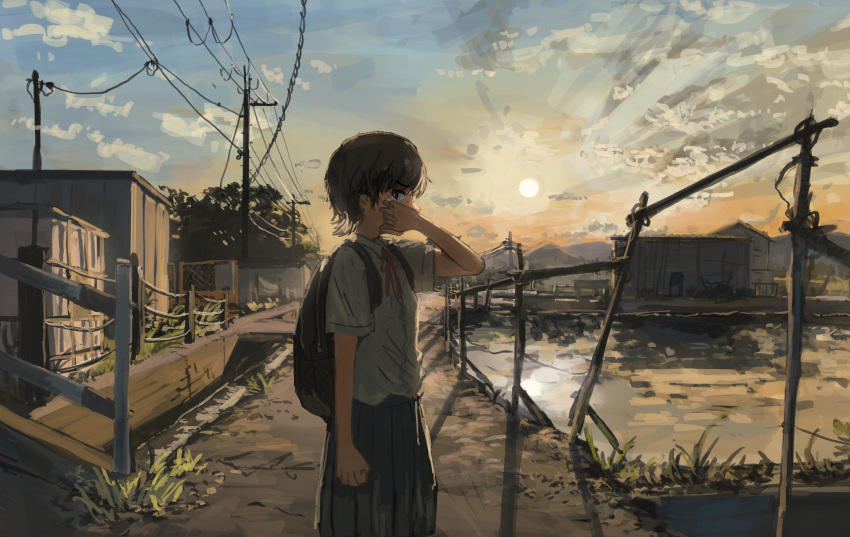 1girl absurdres anko1127 backlighting backpack bag blue_sky bright_pupils brown_hair clenched_hand cloud cloudy_sky commentary_request cowboy_shot dress_shirt evening fence from_side glaring gradient_sky hand_up highres looking_at_viewer looking_to_the_side mountainous_horizon neck_ribbon orange_sky original outdoors path pleated_skirt power_lines red_ribbon ribbon rice_paddy scenery school_uniform shack shirt shirt_tucked_in short_ahir short_sleeves skirt sky solo sun tears town utility_pole v-shaped_eyebrows white_pupils wiping_tears
