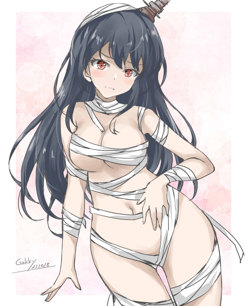 1girl alternate_costume artist_name bandages black_hair breasts cleavage cowboy_shot dated fusou_(kancolle) gakky headgear highres kantai_collection large_breasts long_hair mummy_costume navel one-hour_drawing_challenge red_eyes solo