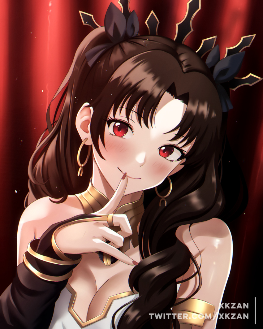 1girl armlet asymmetrical_sleeves black_hair black_headwear black_ribbon blush bow breasts brown_hair choker closed_mouth crop_top crown curtains detached_sleeves earrings elbow_gloves eyelashes fate/grand_order fate_(series) fingernails gloves gold gold_earrings hair_bow hair_intakes hair_ornament hair_ribbon highres hoop_earrings ishtar_(fate) jewelry long_hair medium_breasts neck_ring off_shoulder parted_bangs portrait profile_picture red_curtains red_eyes red_pupils revealing_clothes ribbon selfie smile solo strapless tiara twintails twitter_username uneven_sleeves xkzan