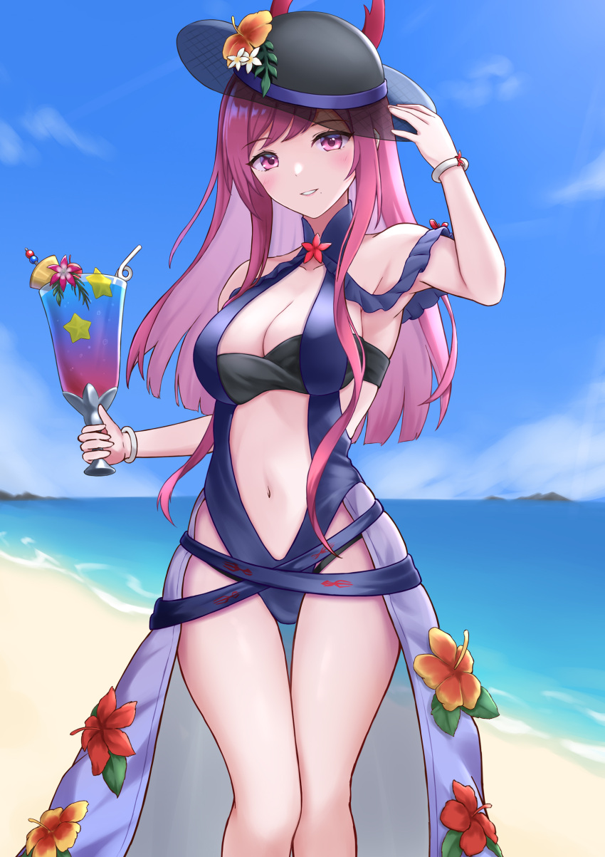 1girl absurdres armpits bare_shoulders black_headwear blue_one-piece_swimsuit blue_sky breasts casual_one-piece_swimsuit cleavage cloud commentary cup day feet_out_of_frame fire_emblem fire_emblem_engage fire_emblem_heroes flower grin hand_up hat hat_flower highres holding holding_cup ivy_(fire_emblem) ivy_(summer)_(fire_emblem) large_breasts long_hair looking_at_viewer navel ocean official_alternate_costume one-piece_swimsuit parted_lips purple_eyes purple_hair sky smile solo standing stomach swimsuit takaneko thighs water