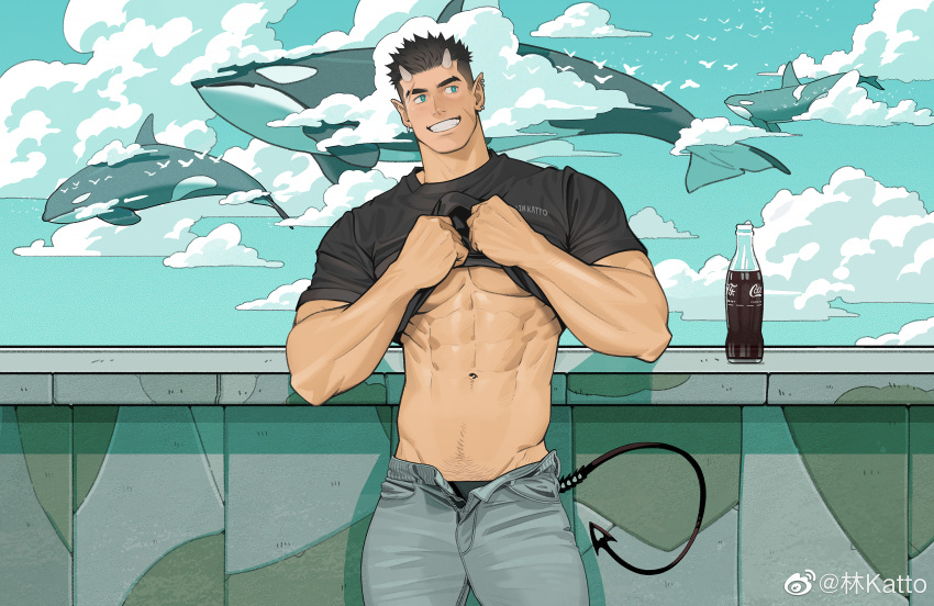 1boy abs absurdres bara black_male_underwear blue_eyes blush clothes_lift cloud cloudy_sky coca-cola demon_boy demon_horns demon_tail denim feet_out_of_frame flying_whale groin highres horns jeans katto8452 large_pectorals light_navel_hair looking_to_the_side male_focus male_underwear muscular muscular_male open_fly original pants pectorals pointy_ears scar scar_on_cheek scar_on_face shirt_lift short_hair sideburns sky solo stomach tail underpec underwear undressing whale