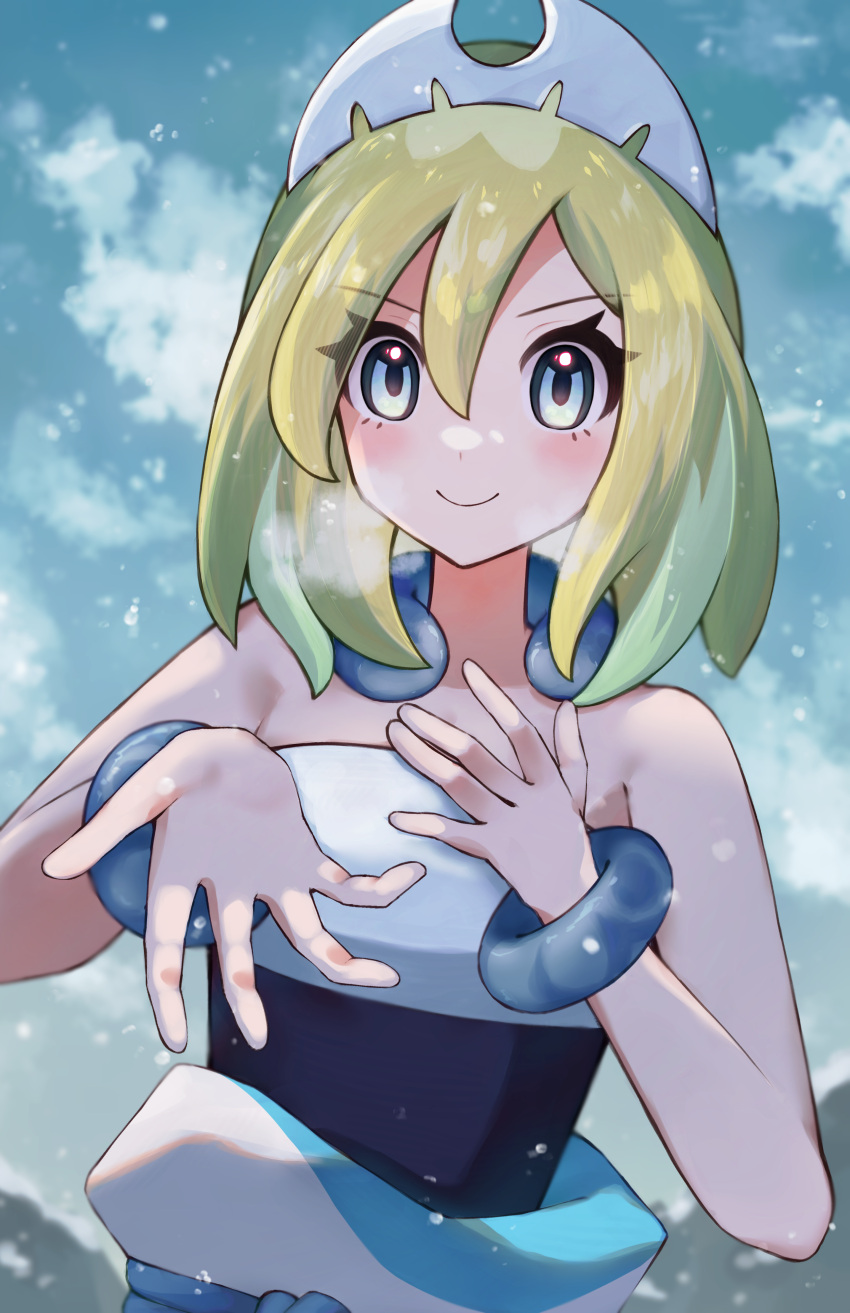 1girl absurdres alternate_color asatte_3z bare_shoulders blonde_hair blue_eyes blue_sky blush breath cloud hairband highres irida_(pokemon) pokemon pokemon_(game) pokemon_masters_ex sash sky smile