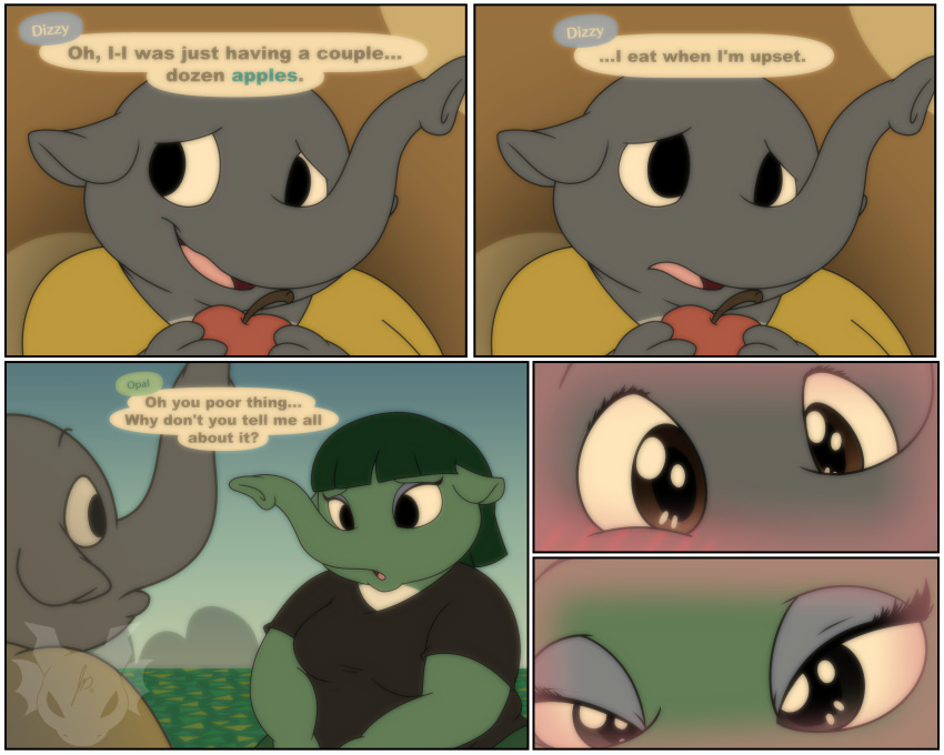 animal_crossing anthro clothed clothing dialogue dizzy_(animal_crossing) elephant elephantid female fully_clothed fully_clothed_male glistening glistening_eyes hi_res jouigidragon male mammal nintendo opal_(animal_crossing) proboscidean romantic